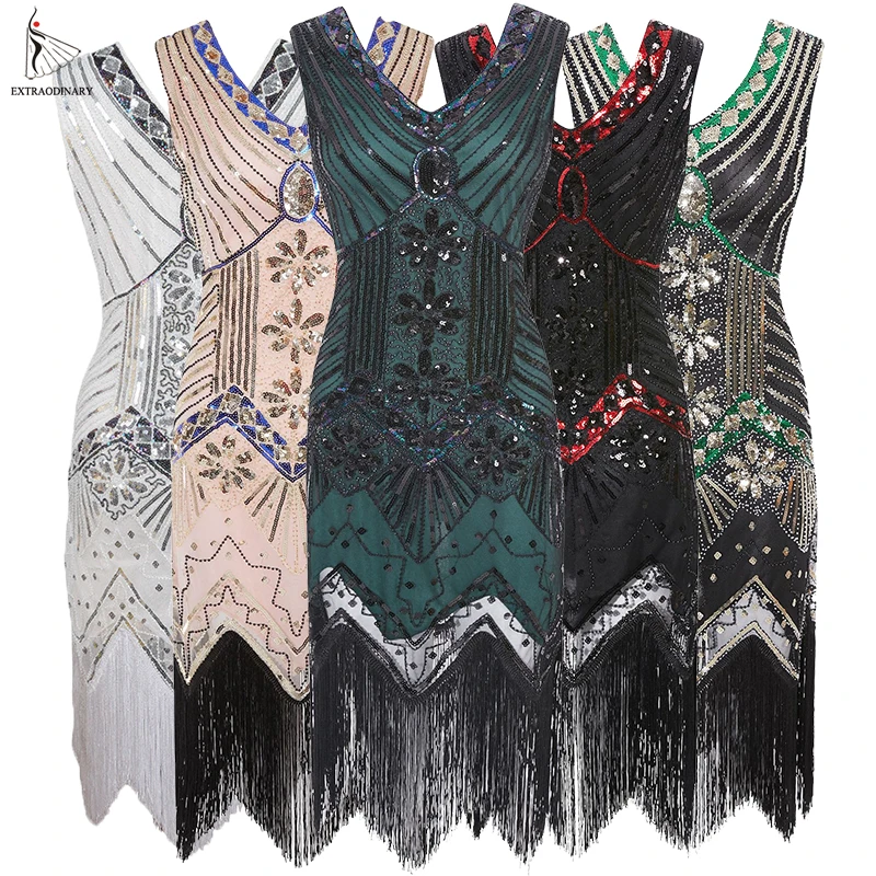 Women 1920 s Vintage Great Gatsby Dress Sequins Dress V-Neck Tassels Bodycon Beaded Party Dress Flapper Dresses Art Deco Double