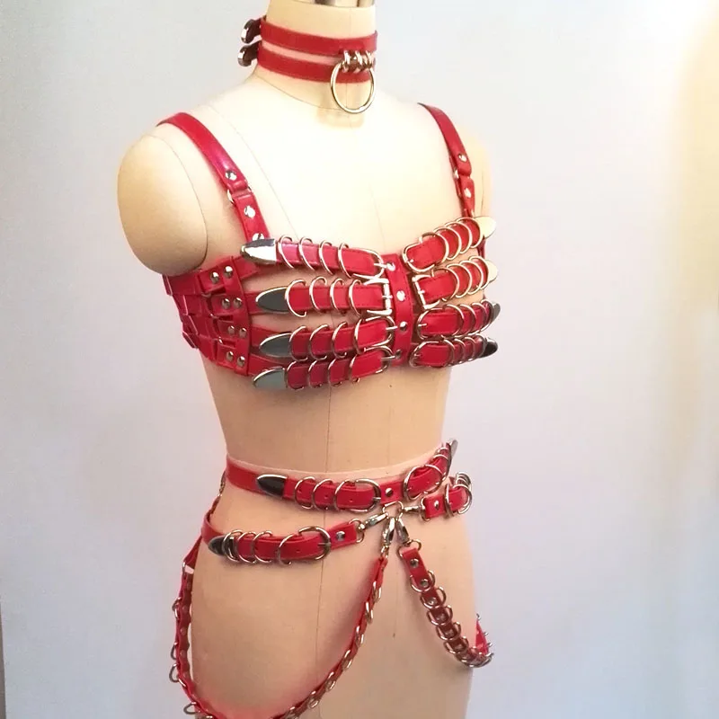 100% Handcrafted Heavy Duty Bra Top Women Harness PU Leather Cosplay Caged Chest Top Belt Choker Harness Waist Cincher Straps