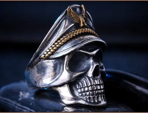 New 100% real S925 pure silver jewelry ring for male fashion WWII skull officer domineering mens ring Thai silver ring for Man