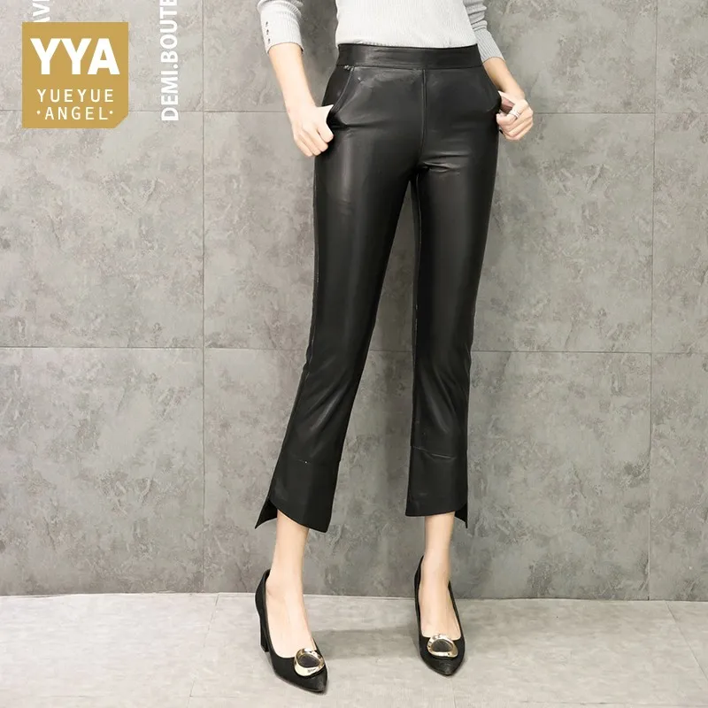 Women Black Genuine Leather Flare Pants Real Sheepskin Trousers Office Lady Ankle Length Skinny Pantalon Femme Size XXXL