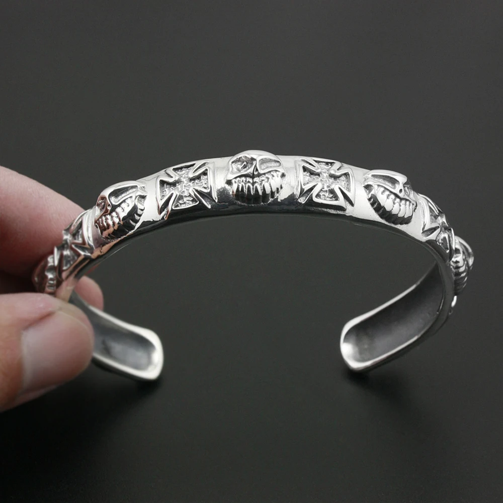 

925 Sterling Silver Cross SKull Bangle Mens Biker Rock Punk Bangle 9A007 Fit 6.5 ~ 7.5 inches Wrist