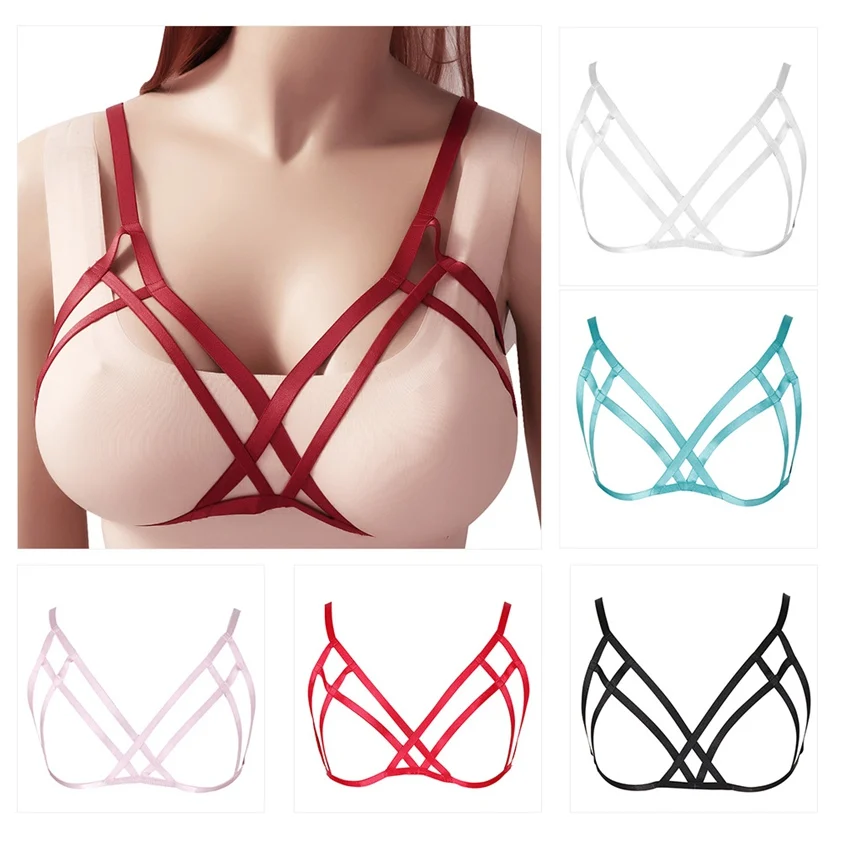 

Rave Wear Wine Red Strappy Harness Bralette Hollow Out Waist Belt Chest Tops Caged Adjust Plus Size Punk Gothic Sexy Lingerie