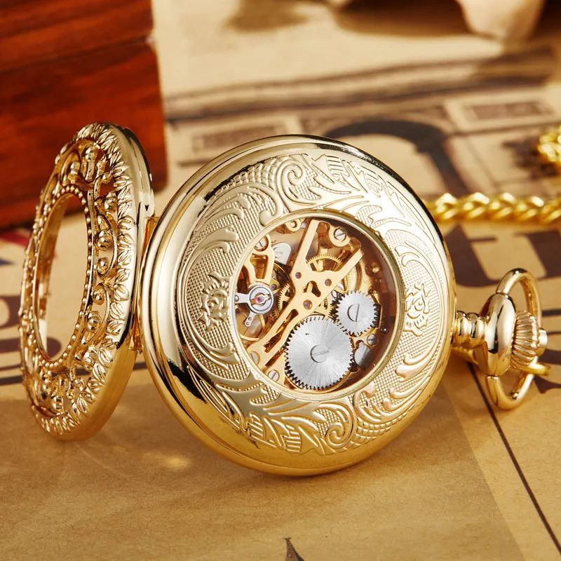 Luxury Steampunk Gold Bronze Mechanical Pocket Watch With FOB Chain Hand Wind Skeleton Hollow Clock For Men Women Gift Box