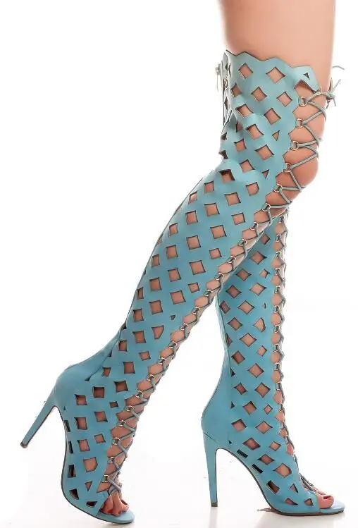 Sexy  Geomatric Hollow Cross tie Thigh Boots Female High Heel Peep Toe Gladiator Summer Fashion Blue Red Women Over Knee Boots