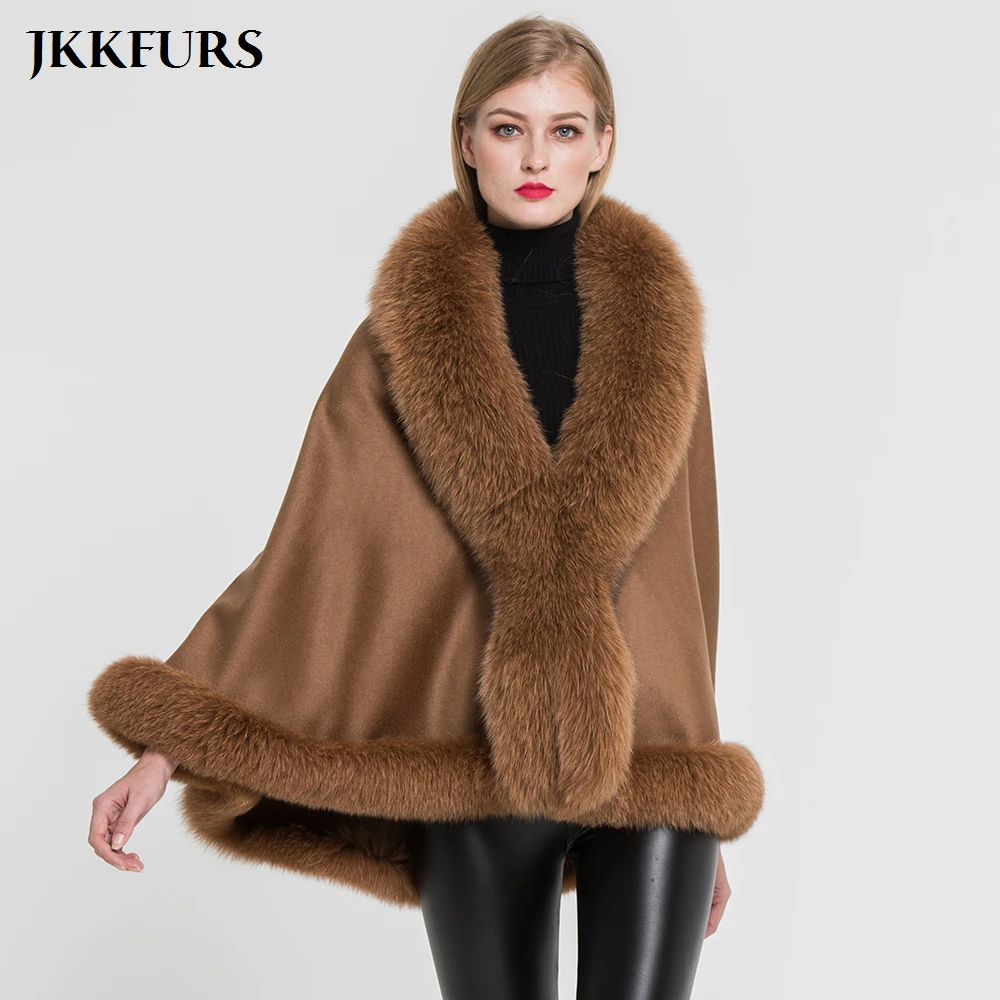 JKKFURS Women\'s Poncho Genuine Fox Fur Collar Trim & Cashmere Cape Wool Fashion Style Autumn Winter Warm Coat S7358