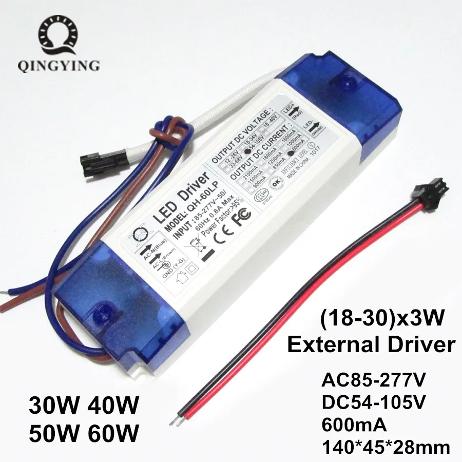 

1pcs-10pcs 40W 50W 60W 600mA LED Driver Constant Current 18-30x3W DC54-105V Lighting Transformers For Floodlight Power Supply