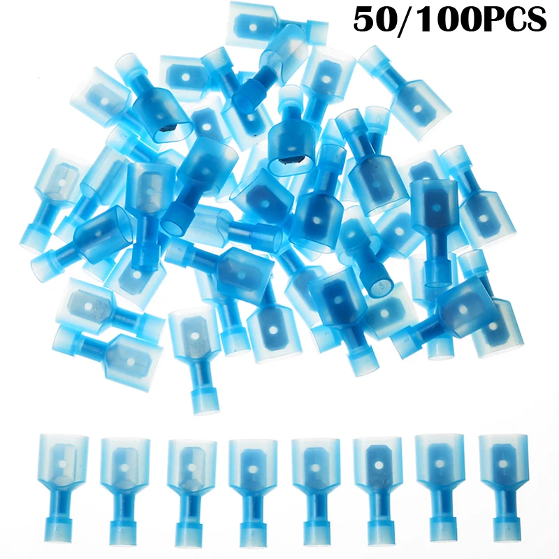 

100pcs Nylon Male Terminators Set 16-14AWG Blue Fully Insulated Wire Cable Connector Crimp Spade Terminals Car Audio