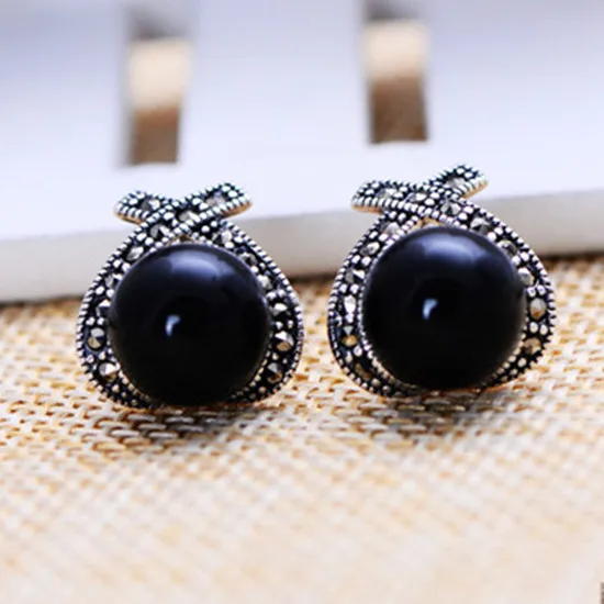 

s925 pure silver jewelry wholesale retro black onyx earrings female models Mark Race shipping