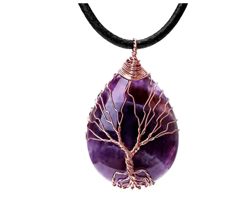 FYJS Rose Gold Color Wire Wrap Water Drop Pendant Tree of Life Necklace Natural Amethysts Stone Jewelry