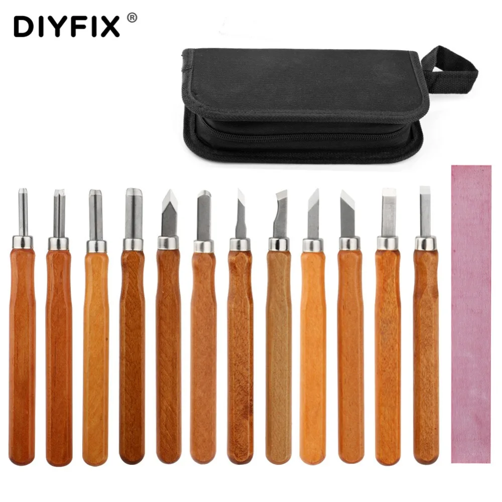 DIYFIX 13Pcs Wood Carving Knives Tools Set Wood Handle Scalpel Tools Cutter Woodcut Knife with Whetstone Hand Tool Kit