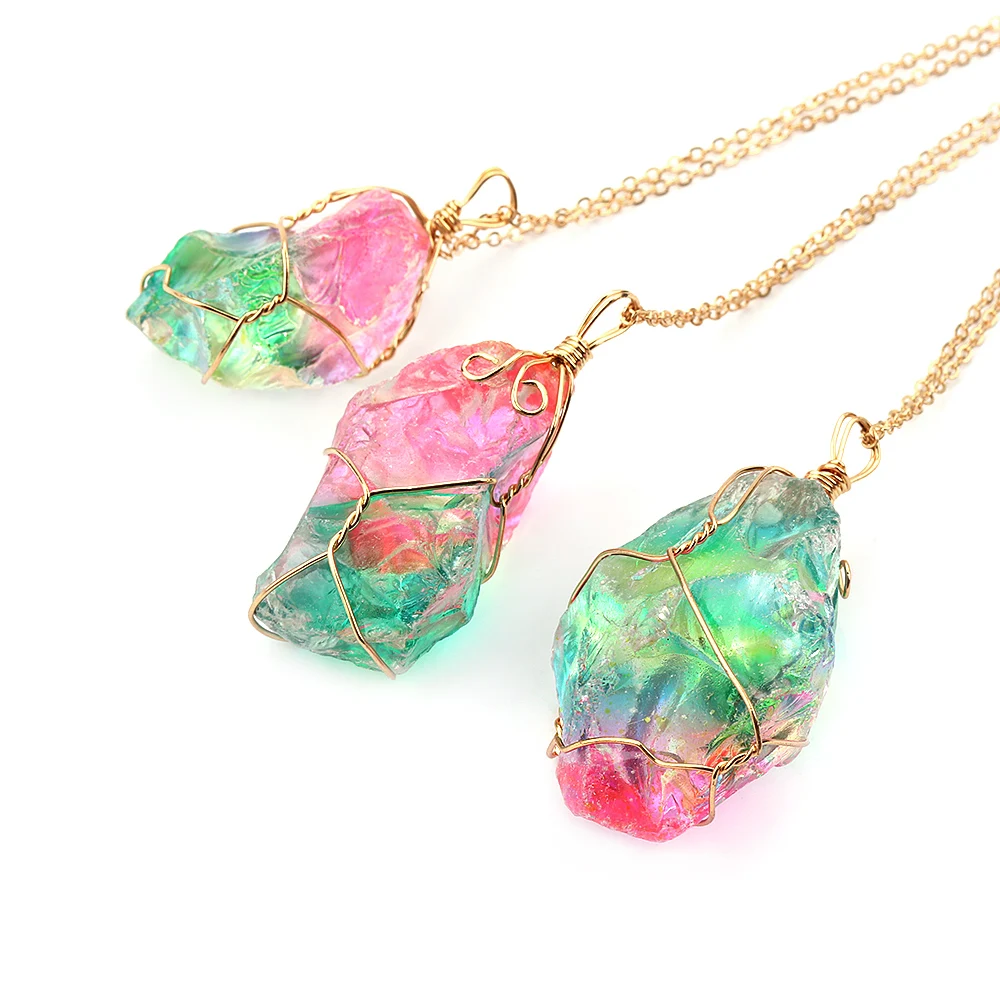 Irregular Rainbow Stone Natural Crystal Chakra Rock Necklace Gold Plated Quartz Pendant Home Decor