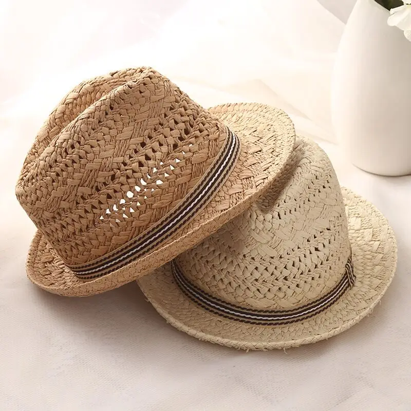 2018 new Fashion Handwork Women Summer Raffia straw Sun hat Boho Beach Fedora hat Sunhat Trilby Men Panama Hat Gangster Cap