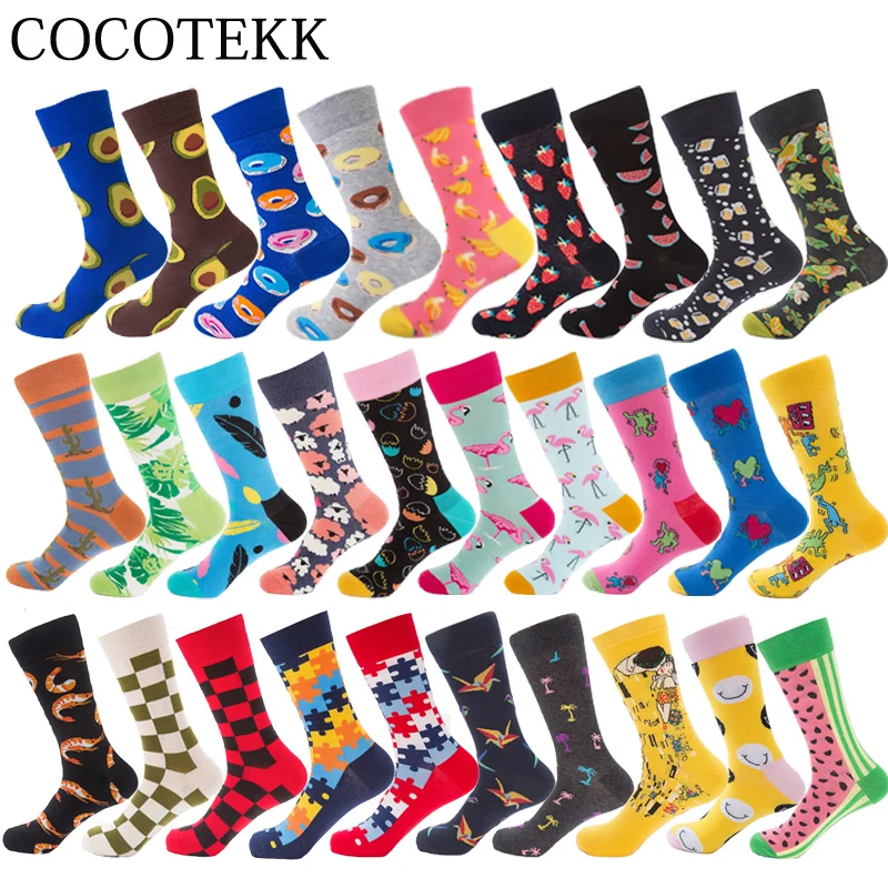 

New Casual Combed Cotton Men's Socks Tend Harajuku Street Hip Hop Funny Happy Socks Colorful Avocado Pattern Long Socks For Men