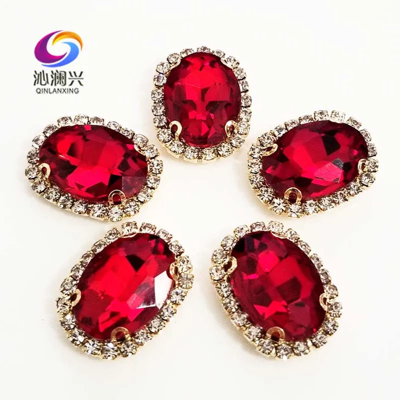 Golden Bottom Red Color Glass Crystal Rhinestones, Oval Shape Buckle, Used for Needlework, Diy/Clothing/Sewing Accessories