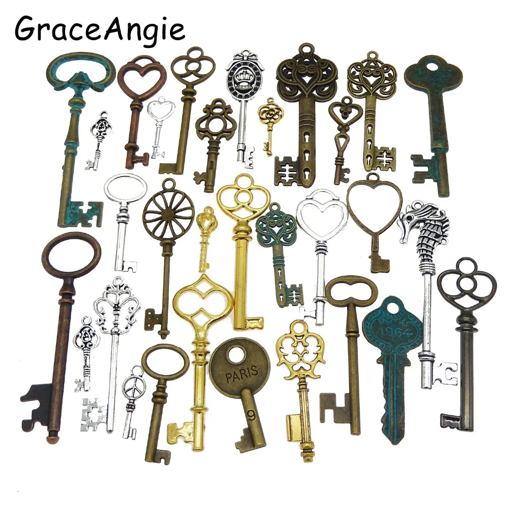 10pcs Mix Color Metal Key Pendant Alloy Lovely Large Crown Key Charms Vintage Jewelry Keys Charms Wholesale Antique Bronze Key