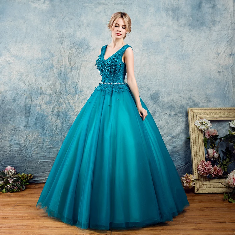 AnXin SH vintage princesa pequeña flor azul encaje rebordear cristal cuello en V sin mangas vestido de fiesta vestido de noche personalizado