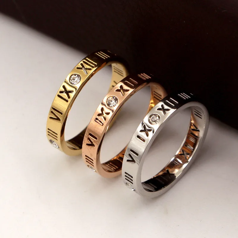 Women Titanium Steel Jewelry Roman Numerals Rings For Women CZ Crystals Rings Trendy Party Love Ring Couple R006