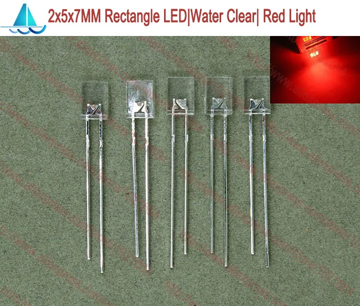 (200pcs/lot) Rectangle 2x5x7MM 2*5*7MM Rectangle LED Water Clear Transparent Red Emitting Color Light Emitting Diode