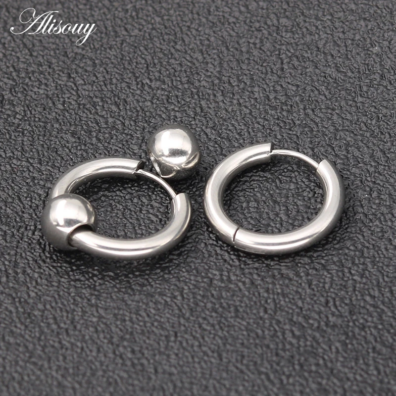 Alisouy 2pcs Hot Men Women Round Circle Pendientes Black Gold Color Stainless Steel Balls Loop Handles Hoop Huggie Earrings