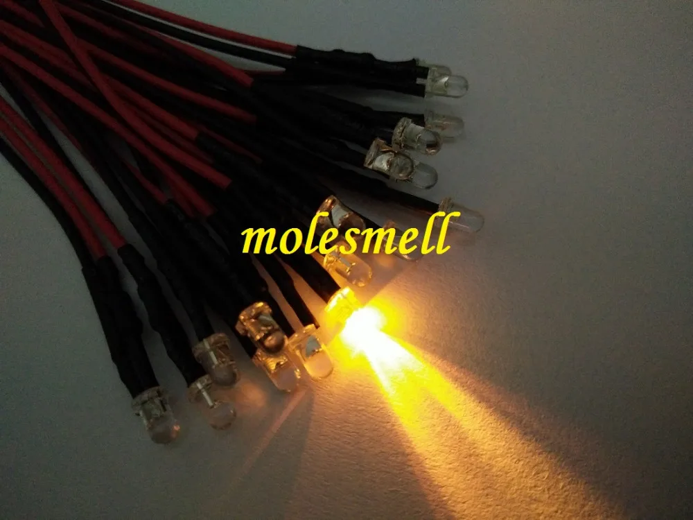 

50pcs 3mm 5v Yellow LED Lamp Light Set Pre-Wired 3mm water clear round yellow 5V DC Wired led