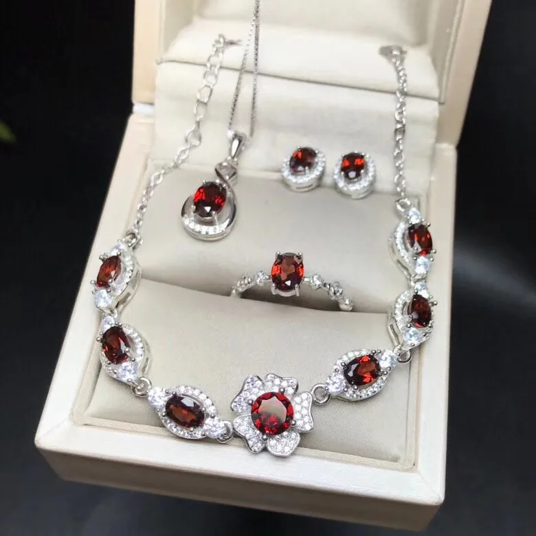 

Special offer, natural garnet jewelry set, ring pendant bracelet stud earrings, colorful, 925 silver precision manufacturing