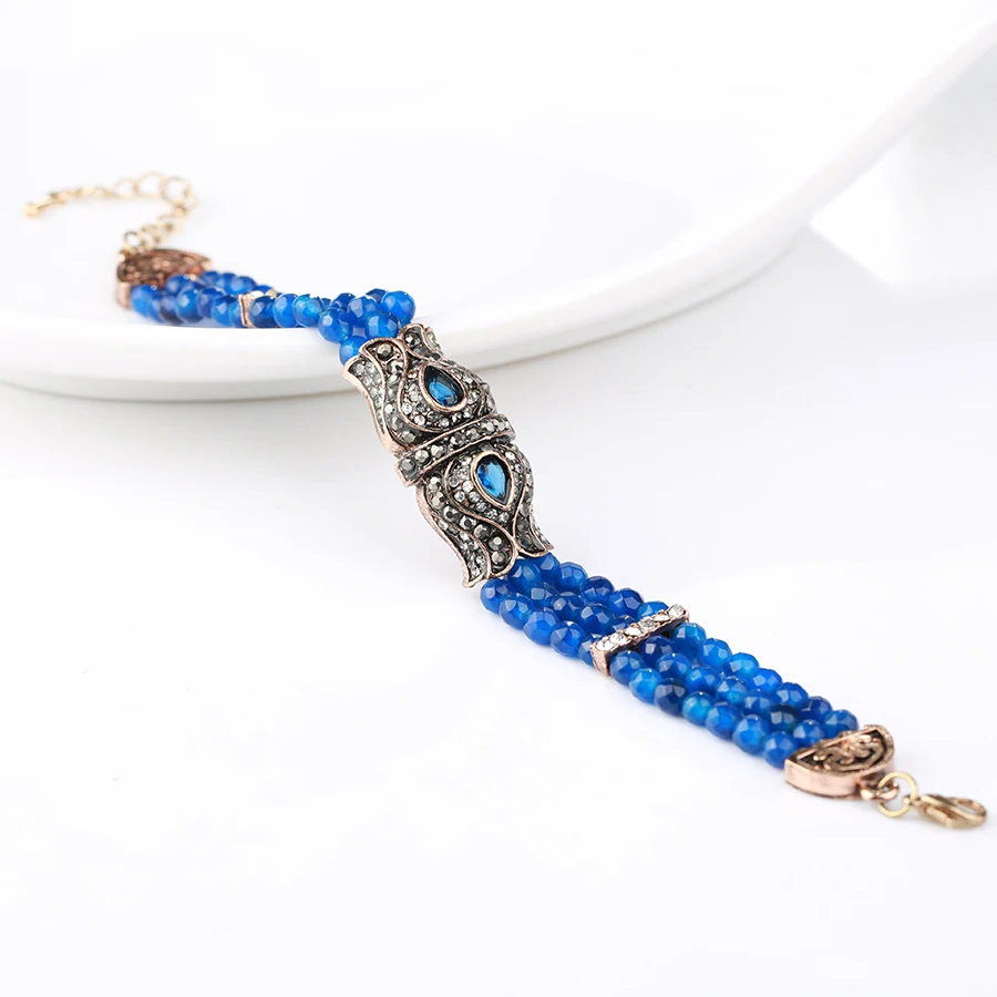 Kinel Luxury Blue Natural Stone Bracelets For Women Antique Gold Color Hollow Crystal Flower Bracelets Vintage Jewelry Wholesale