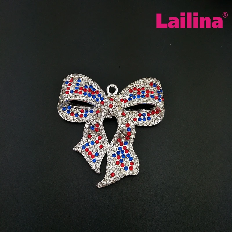 50pcs/lot Silver Tone Alloy Rhinestone Ribbon Bowknot Crystal Pendant Fashion Jewelry Charms Mix Color DIY Jewelry Accessories