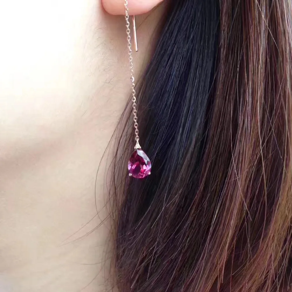 gemstone jewelry 18K rose gold with real garnet drop earring line tear drop shape  fine women jewelry free shipping diamond