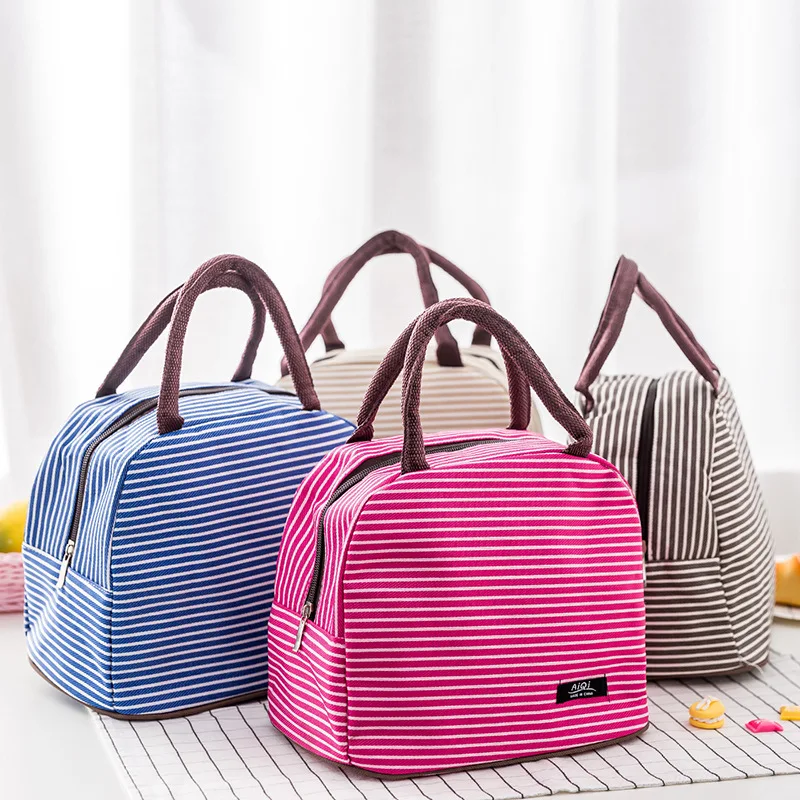 Leisure Women Portable Lunch Bag Canvas Stripe Insulated Cooler Bags Thermal Food Picnic Lunch Bags Kids Lunch Box Bag Tote