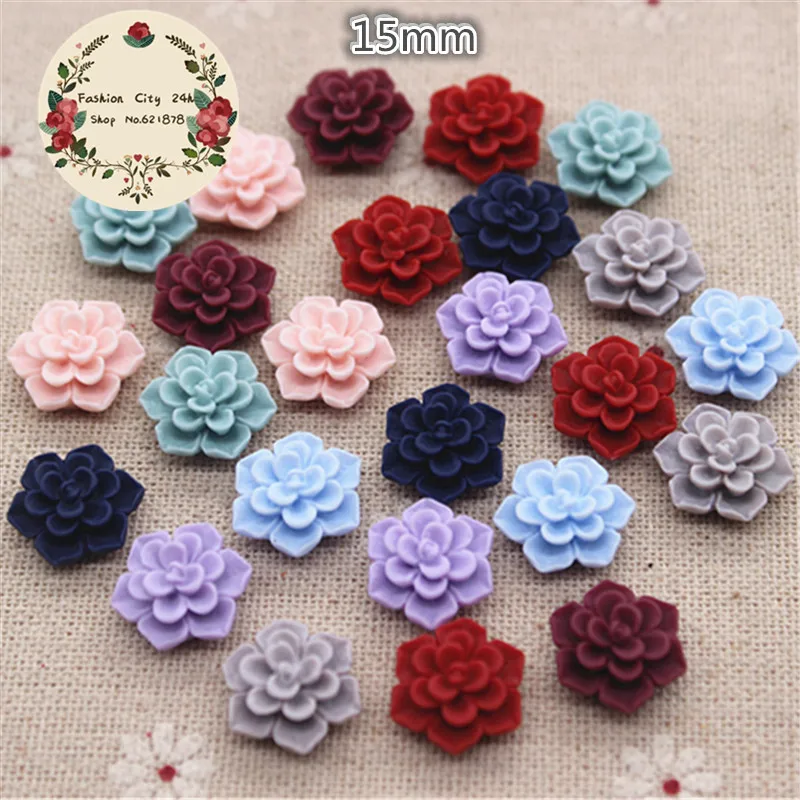 50PCS 15mm Matte Color Vintage Resin Flowers Flatback Cabochon Embellishment Accessories DIY Craft