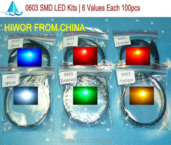 (600pcs/lot)  0603 SMD LED Kits Red Yellow Blue Emerald Green Orange White 6 colors each 100pcs