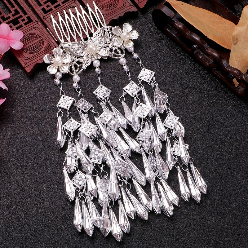 Costume Hanfu Headdress Retro Hair Accessories Long Multi-layer Small Fresh Fringe Jewelry Imitation Miao Silver Insert Comb