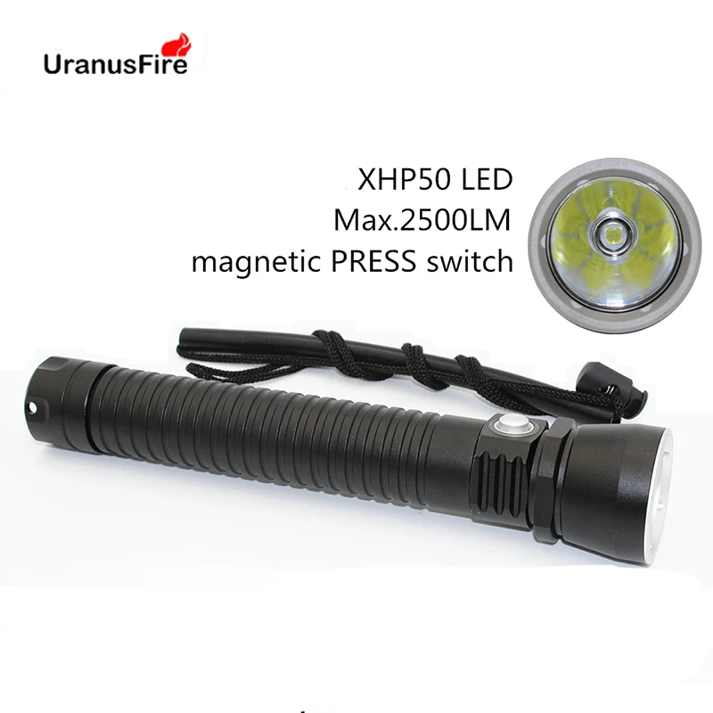 2500LM XHP50 Waterproof Dive Underwater 100M LED Diving Flashlight Aluminum Torch 26650 Lamp Light with Stepless Dimming