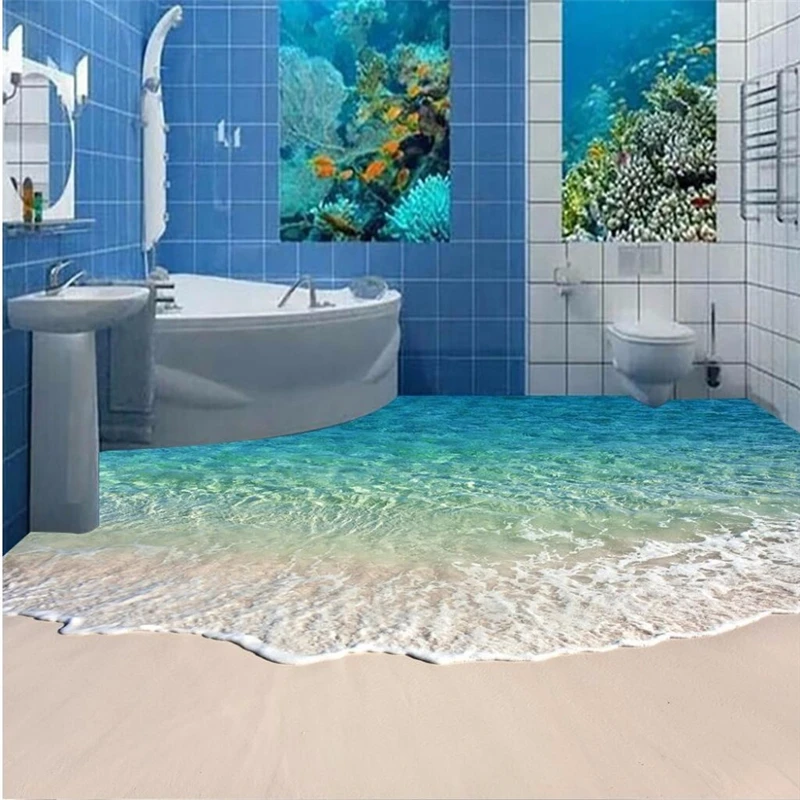 beibehang Floor painting blue sea reef scenery Waterproof Bathroom kitchen Wall paper pvc self adhesive wallpaper wall sticker