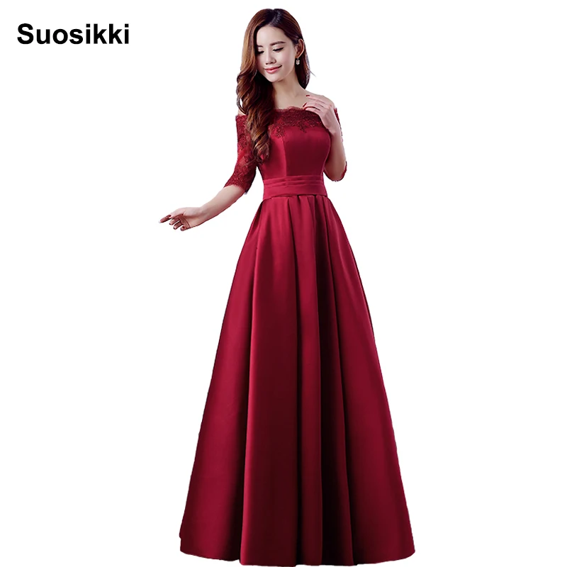 

Suosikki Wine Red Lace Embroidery Luxury Satin Half Sleeved Long Evening Dress Elegant Banquet Prom Dress Robe De Soiree