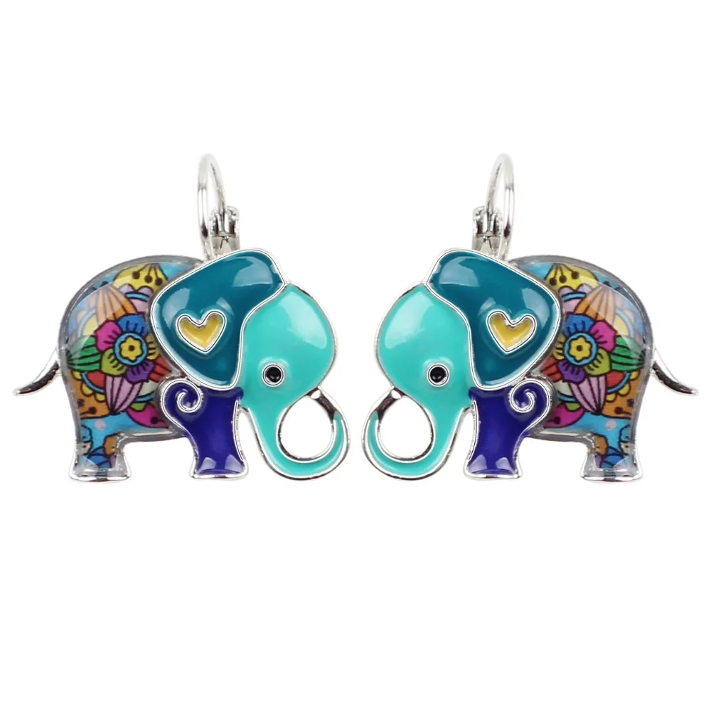 Bonsny Enamel Colorful Jungle Elephant Earrings Stud Drop French Clip Dangle Alloy Fashion Animal Jewelry For Girls Women Ladies