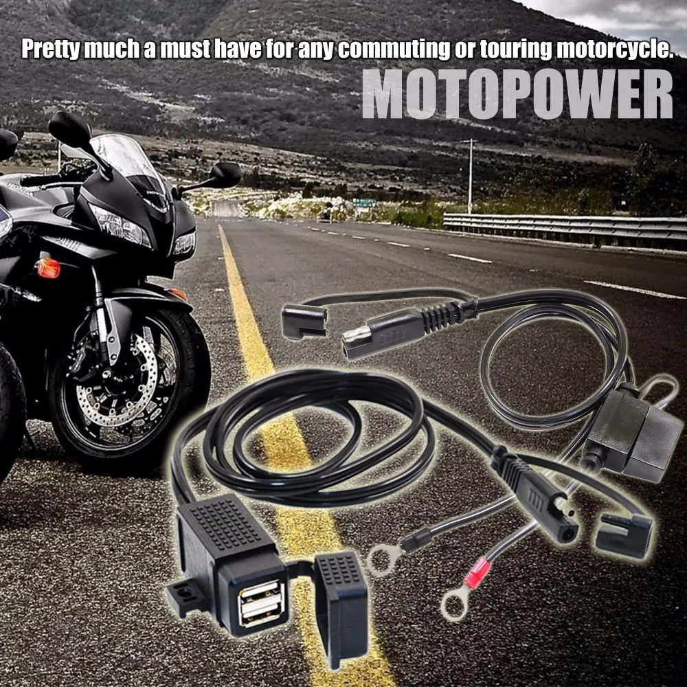 MOTOPOWER MP0609EA 3.1Amp Waterproof Motorcycle Dual USB Charger Kit SAE to USB Adapter PLUS with SAE to Ring Terminal Harness