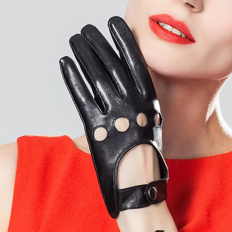 YY8800 Women Genuine Leather Short Thin Gloves With Holes Feminina Straps Cross Locomotive Rock Punk Club Luvas Driving Mitt