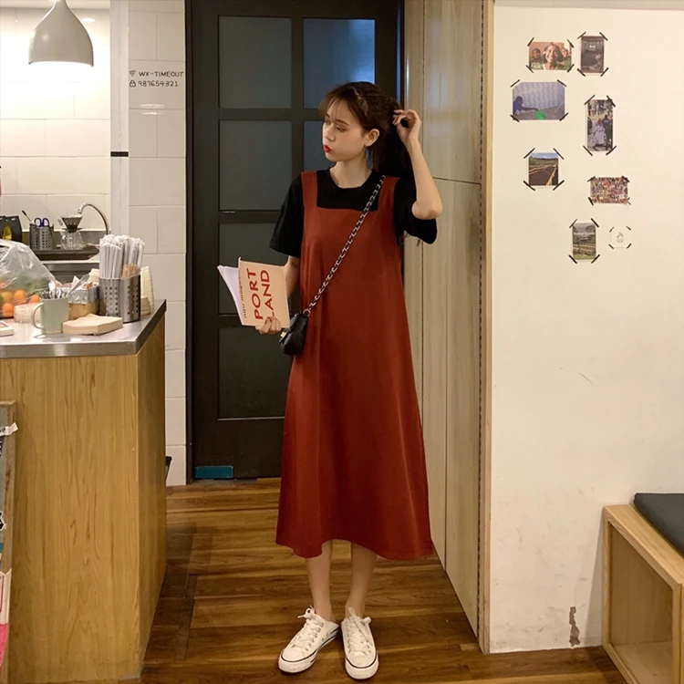 Dress Women Summer Korean Loose Long Womens 2020 New Sleeveless Mid-Calf Solid A-Line Casual Square Collar Simple All-match