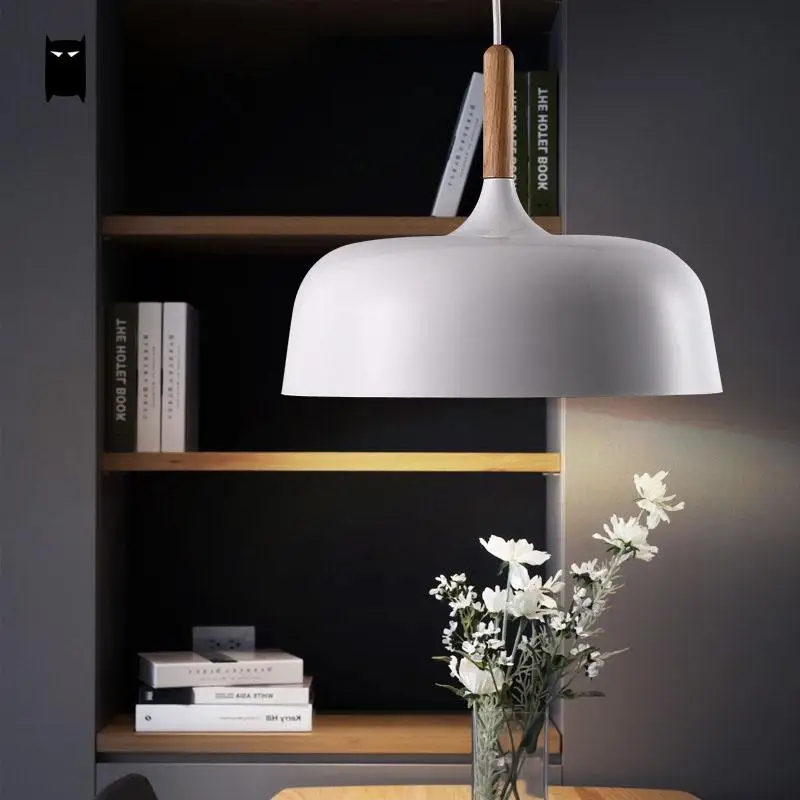 White Black Wood Aluminum Shade Pendant Light Cord Fixture Modern Nordic Korean Creative Hanging Lamp Dining Table Study Room image 3