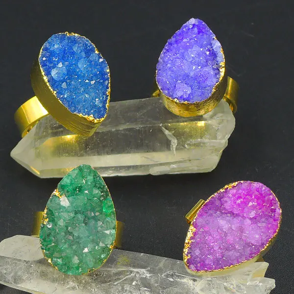 

Mixed Colors Crystal Druzy Drop Adjustable Ring 24K Gold Plated Approx 20*10mm