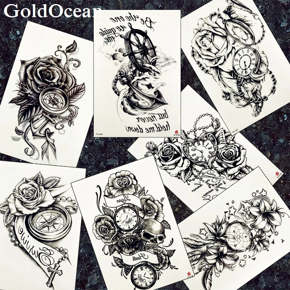 GoldOcean Sexy Black Fake Tattoos Arm Stickers Anchor Clock Flower Tattoos Temporary Girls Chains Sketch Flora Tatoos Supplies