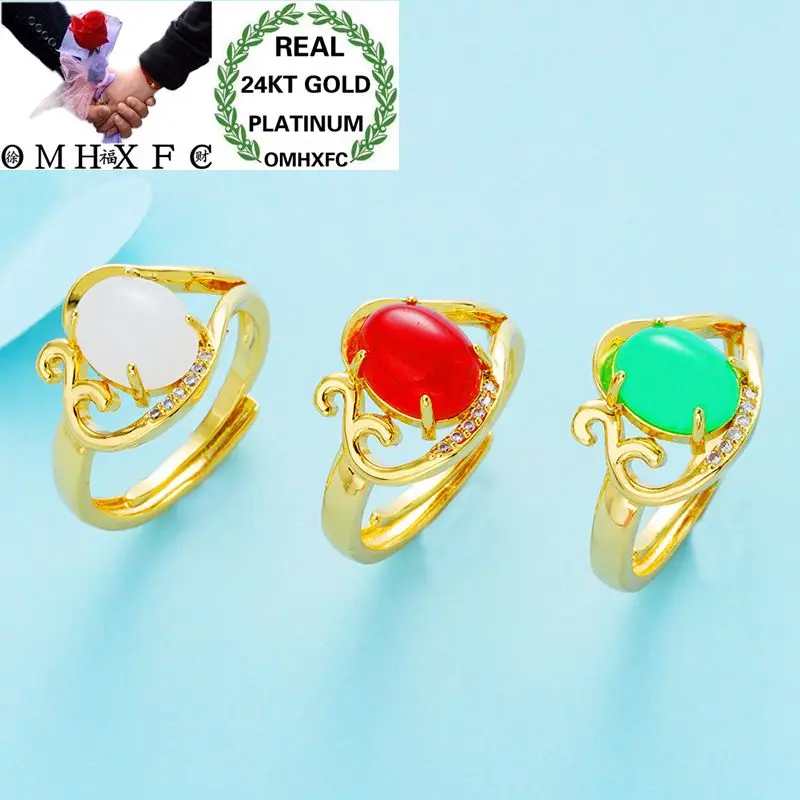 OMHXFC Wholesale European Fashion Woman Girl Party Birthday Wedding Gift Red Oval Chalcedony Zircon 24KT Real Gold Ring RI154