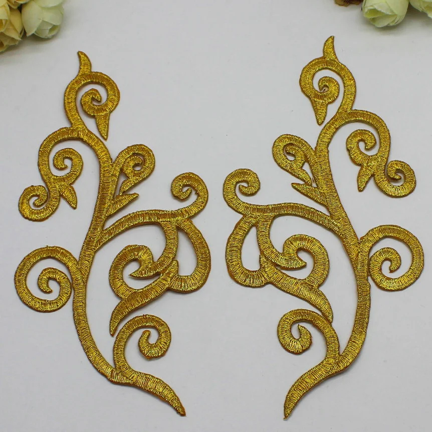 2 Pieces Gold Trim Iron on Flower Embroidered Patches Mirror Pairs Applique Costume Cosplay 18-9cm