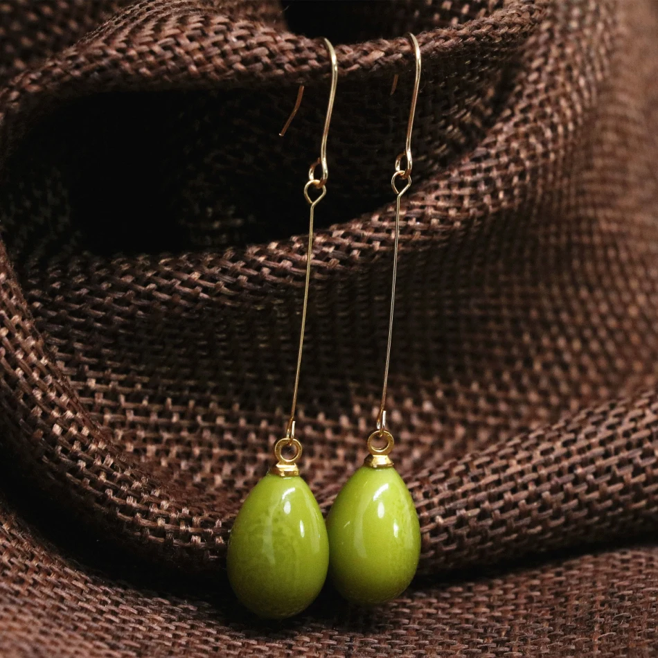 large eardrop long drop earrings green baking paint glass 9*13mm teardrop women fashion dangle earbob jewels B1795