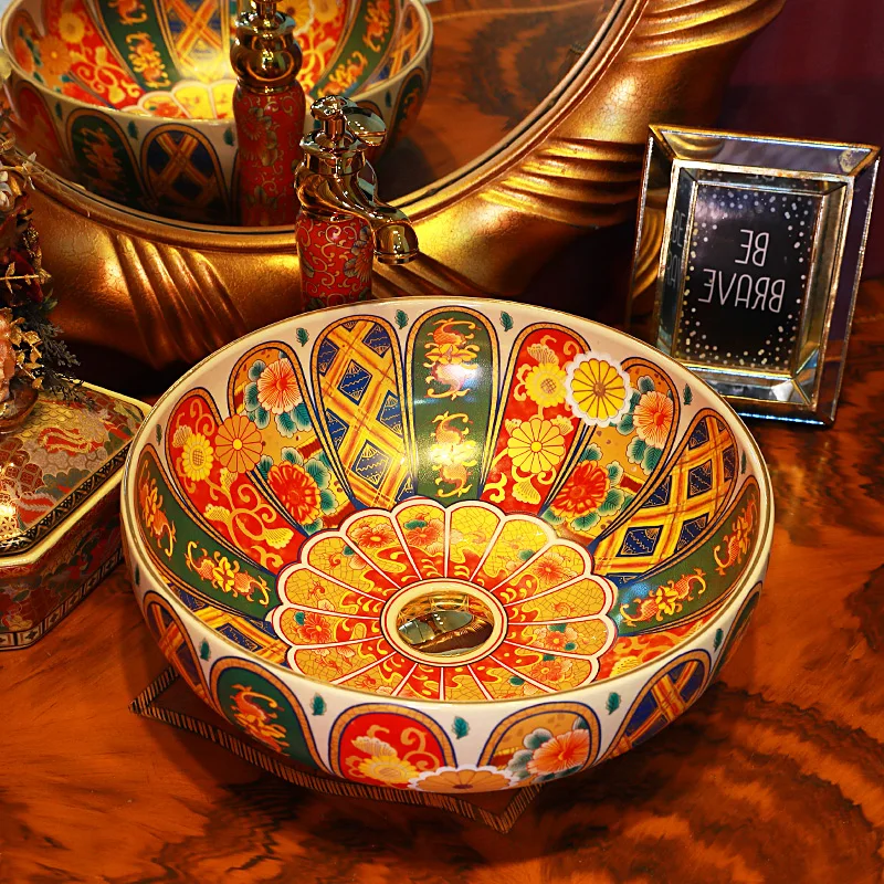 

Top china sanitary ware bathroom Handmade porcelain art one piece bathroom sink and countertop with dragon