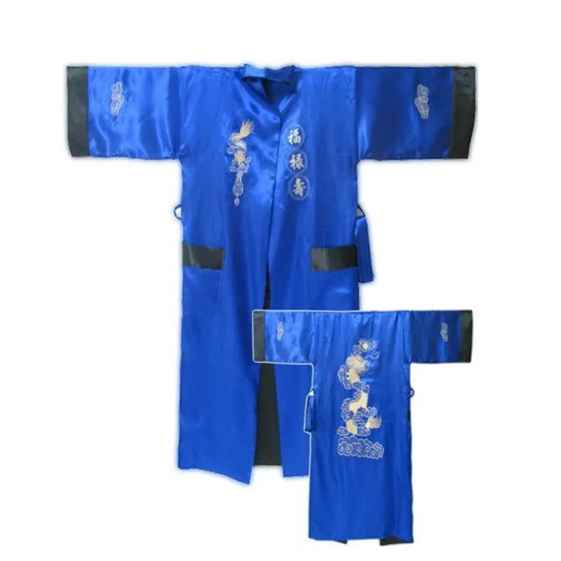 Xanh Đen Đảo Chiều Nam Trung Quốc Thêu Kimono Satin Lụa 2 Mặt Áo Tắm Váy Rồng Một Kích Thước S3002