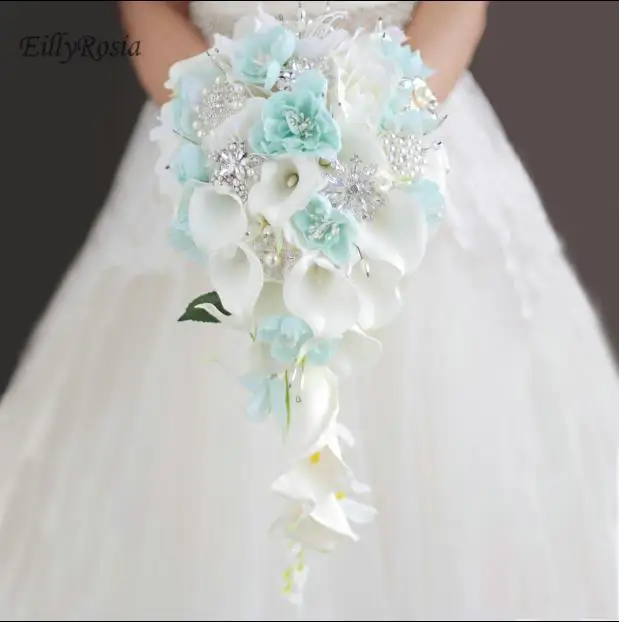 Wedding Bouquets Holder Blue Waterfall White Calla Lily Crystals Bridal Bouquet for Bridesmaid Corsage Brooch bouquet de mariage