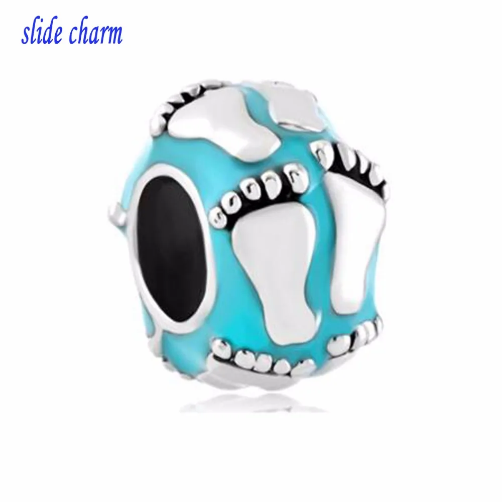 slide charm Free shipping Children's charm blue baby footprints fit Pandora bracelet