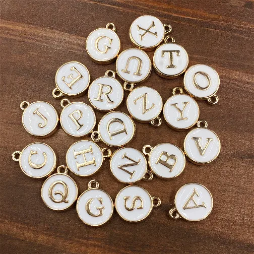 

Wholesale Top Quality A-Z White/Pink Charms Letter Oil-drop Jewelry,Gold color Disc Pendant alphabet Beads Charm for DIY Jewelry